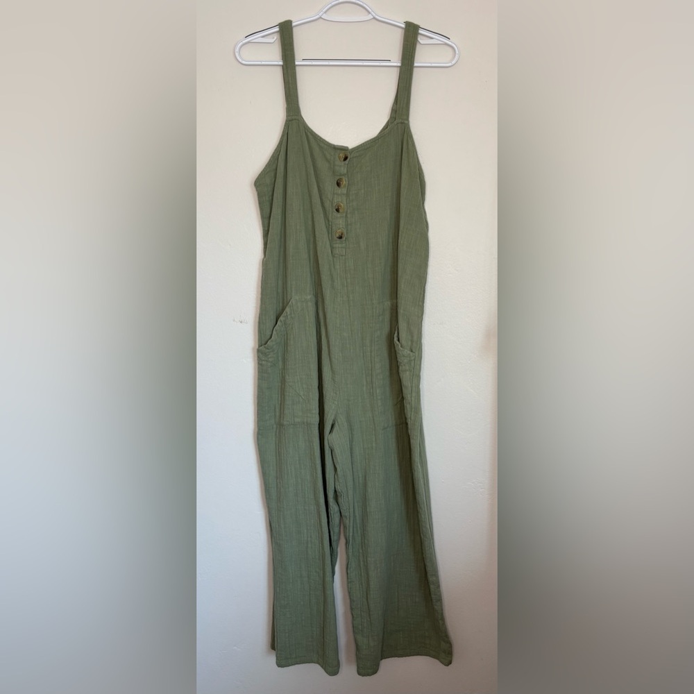 Billabong Stargazer 100% Cotton Jumpsuit, sage green, cropped leg, gauzy, XL - Picture 2 of 12